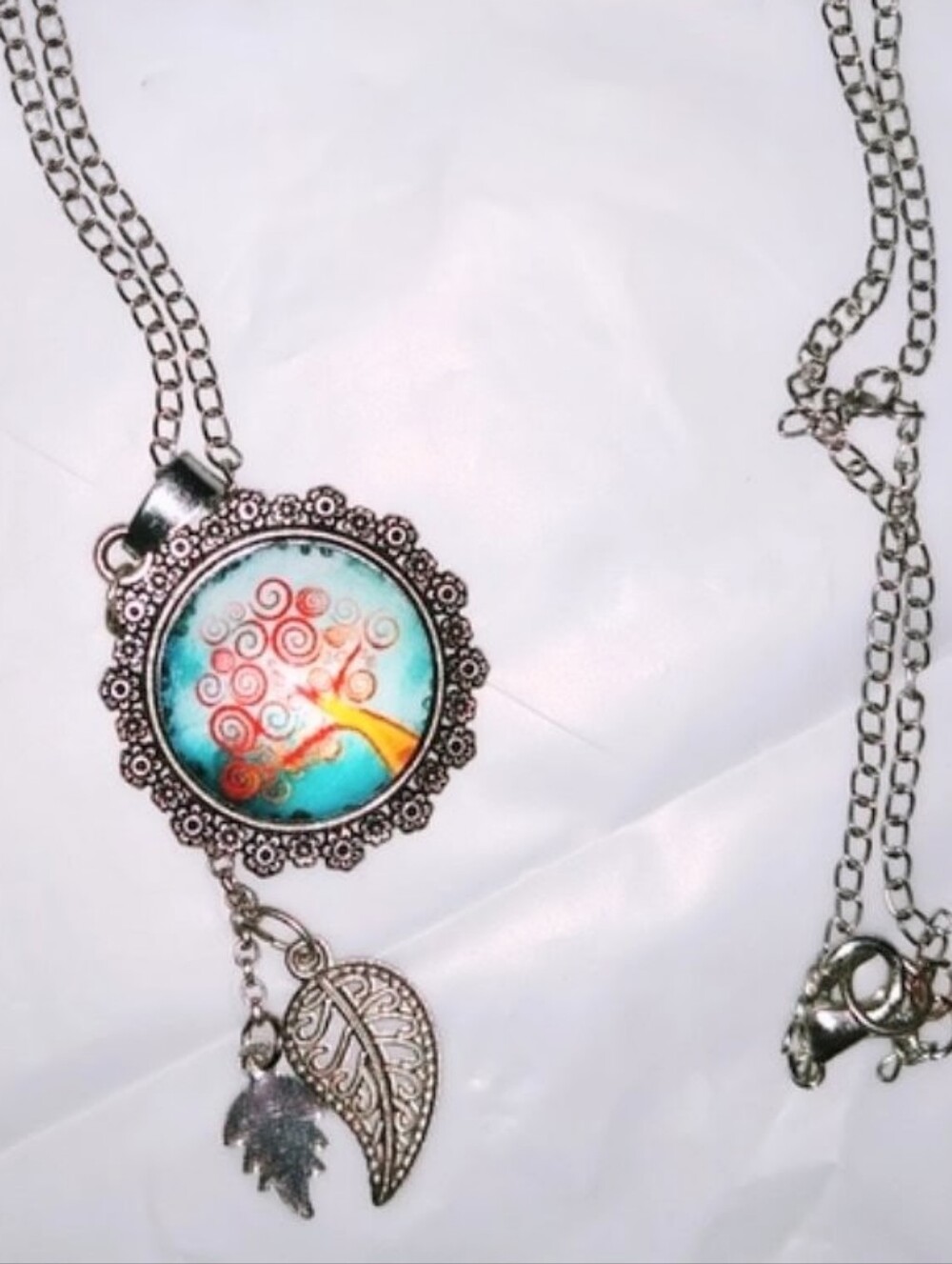 Tree of Life Pendant Aqua Blue, White & Orange w/ Silver Dangling Leaves
